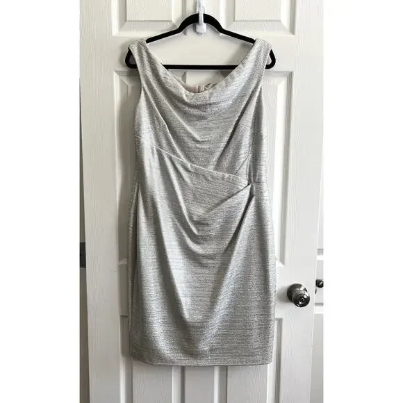 LAUREN RALPH LAUREN Plus Metallic Champagne Faux Wrap Cowl Neck Sheath Dress 16 - Picture 3 of 12